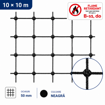 Plasă Anti-Păsări Ignifugă (Neagră) 10x10 m cu Ochiuri de 50 mm SAE 50520