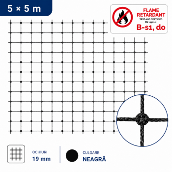 Plasă Anti-Păsări Ignifugă (Neagră) 5x5 m cu Ochiuri de 19 mm SAE 50530